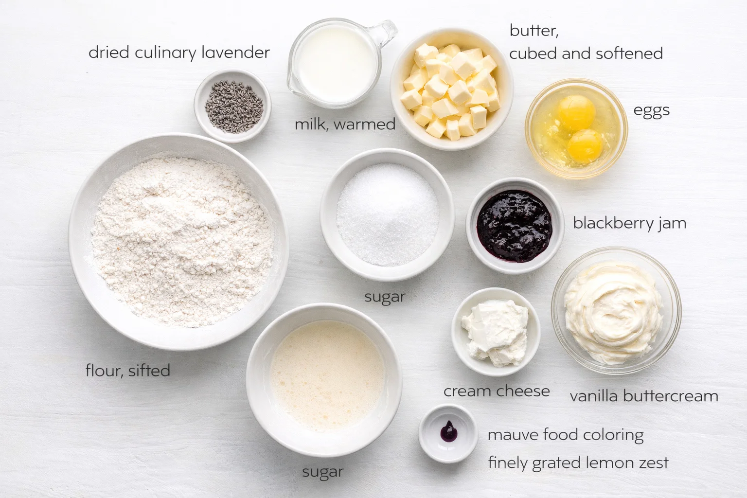 ingredients-placeholder.png Measured ingredients arranged for Blackberry Lavender Cake - Sally's Baking: a couple teaspoons dried culinary lavender (for infusing lavender milk and syrup), milk, warmed until simmering (for lavender-infused milk), bu