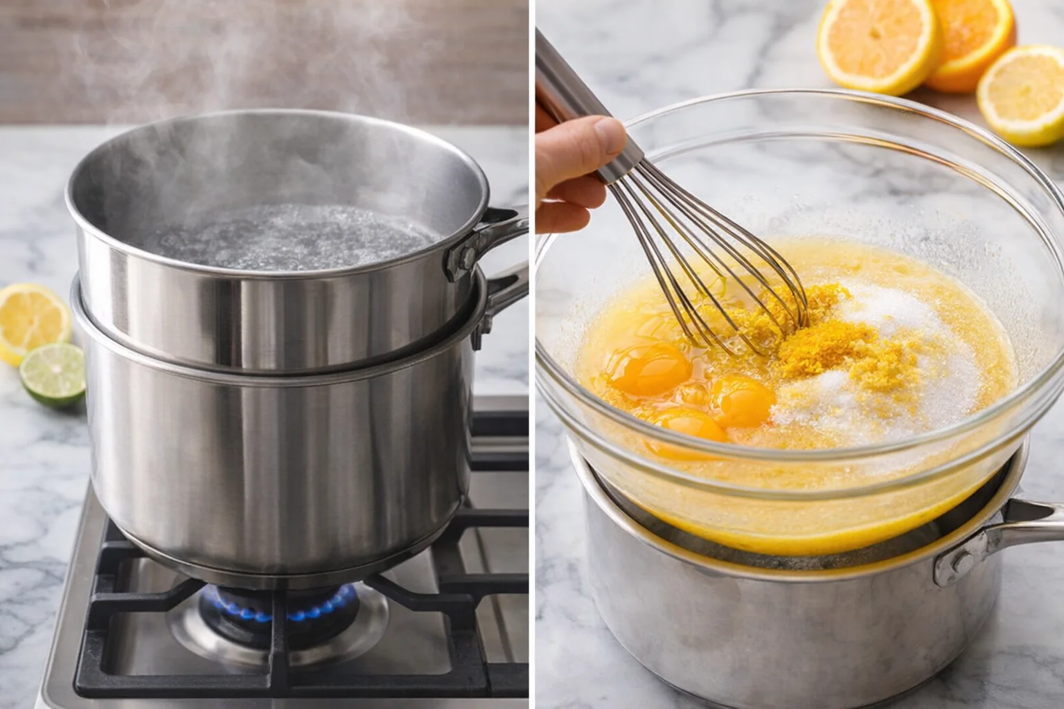 Heatproof bowl over simmering water while whisked egg-sugar-lemon mixture becoming pale.
