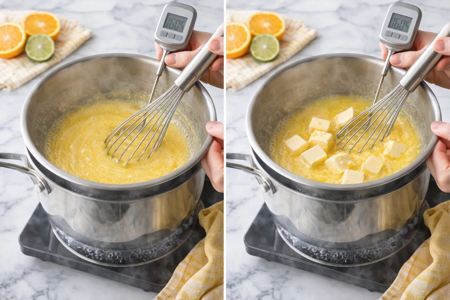 Thickened lemon curd in bowl with cubes of butter being whisked in.