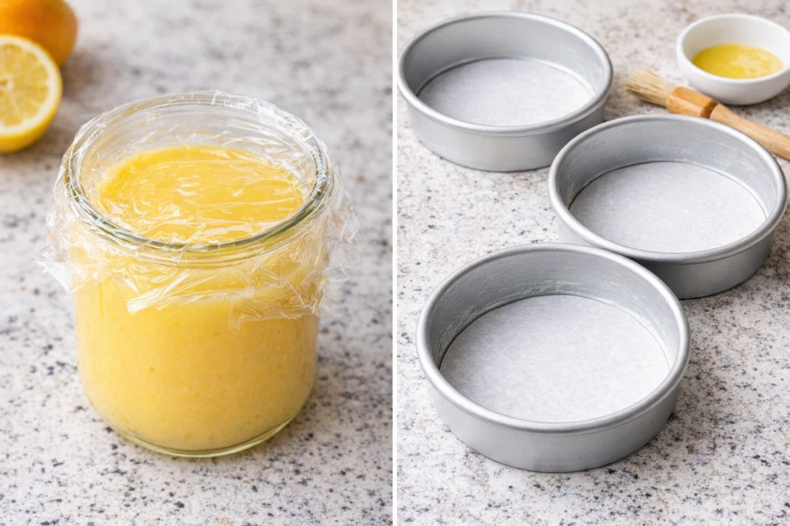 Lemon curd sealed with plastic wrap beside three greased, parchment-lined six-inch cake pans.