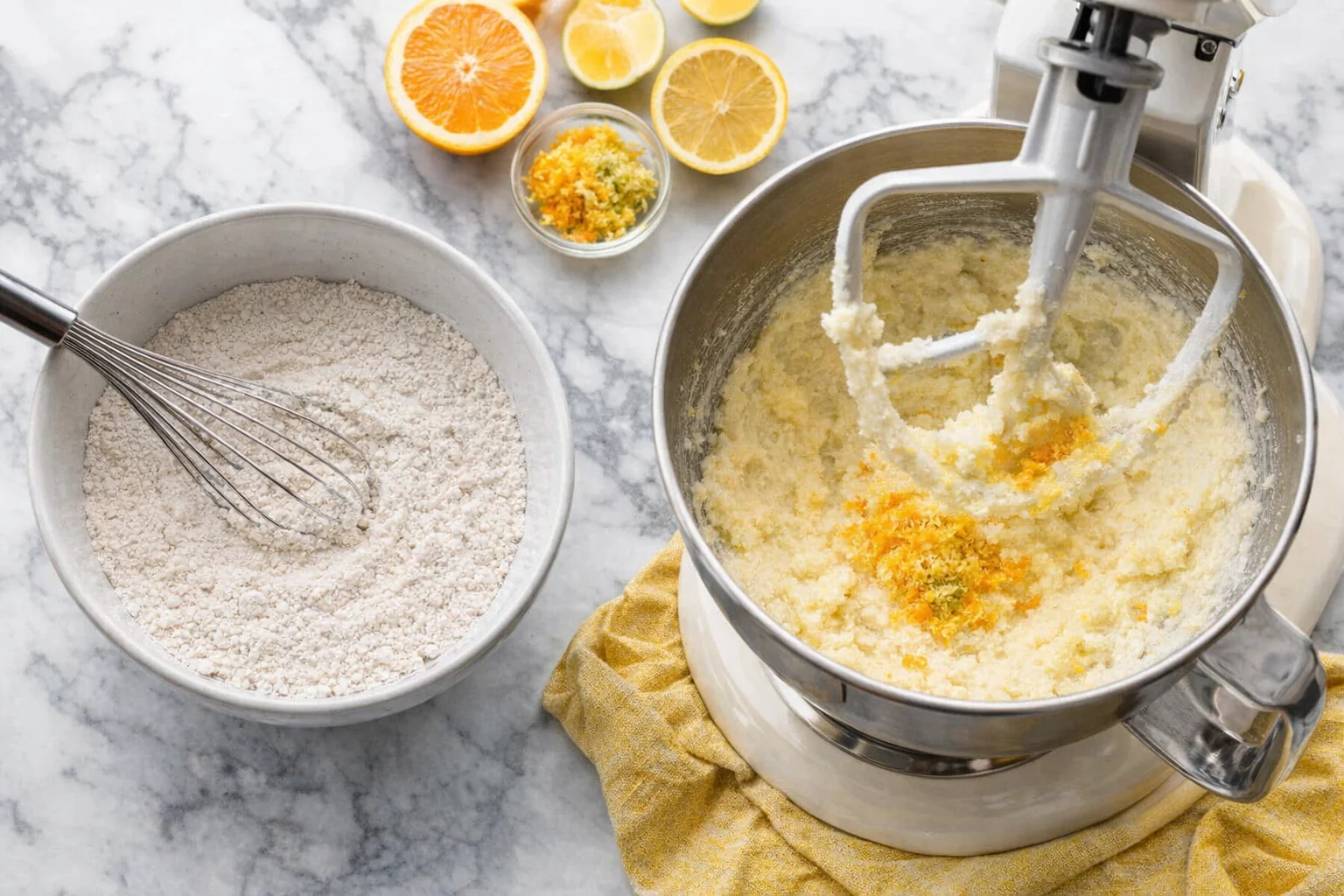 Dry ingredients whisked in bowl sits beside mixer creaming butter, sugar, and citrus zest.