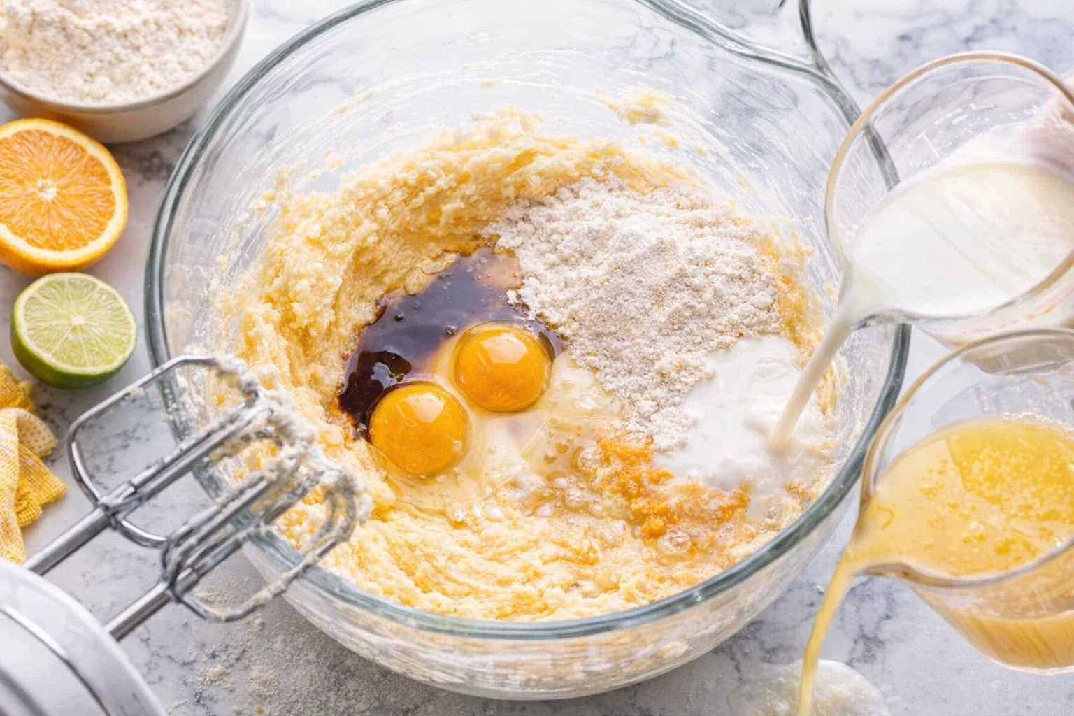 Mixer bowl with eggs and vanilla folded into butter, then milk and citrus juice added.