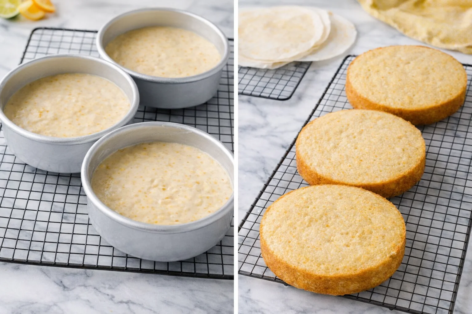 Three filled cake pans tapped on counter, then cooling on wire racks after baking.