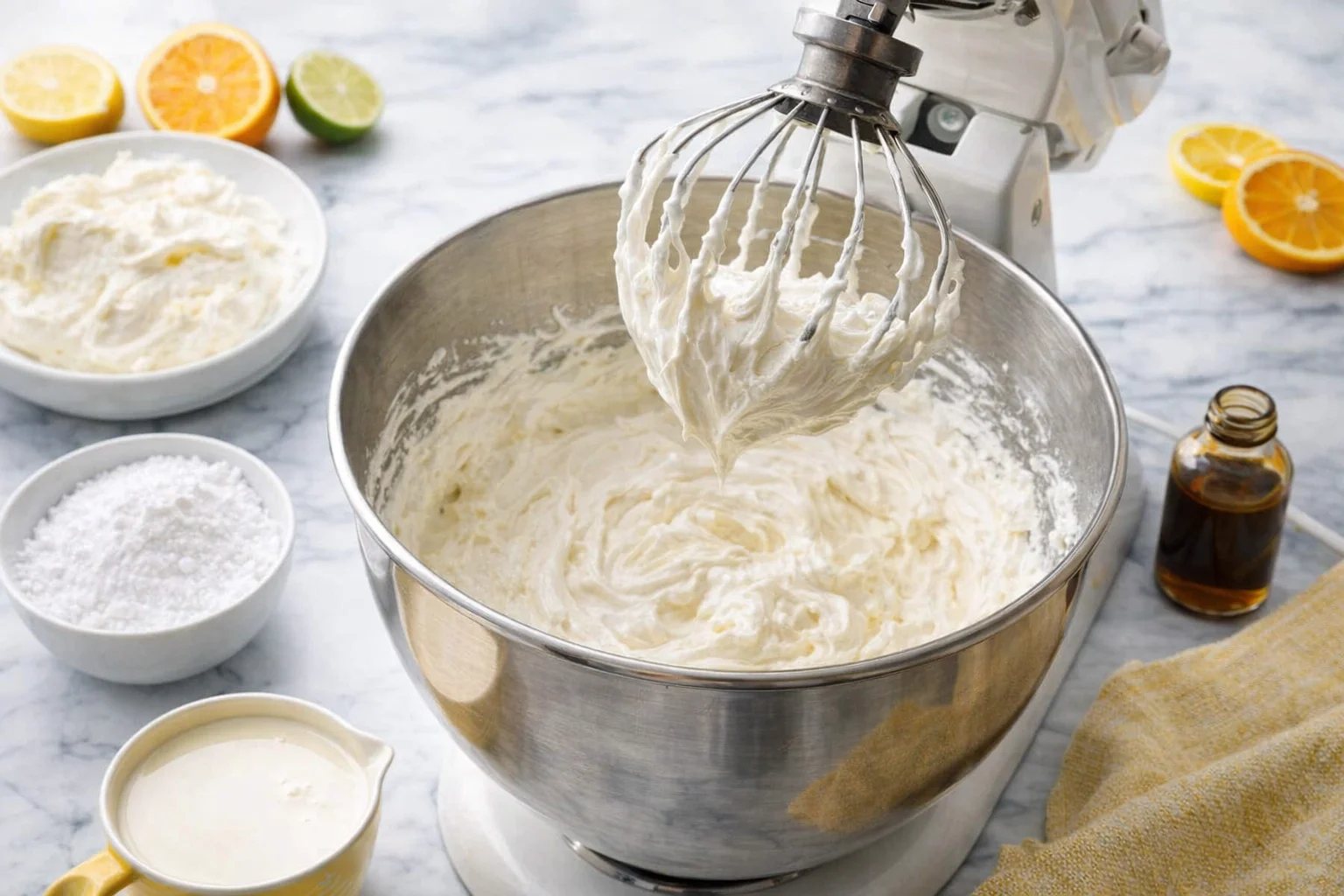 Cream cheese whipped smooth in bowl, cold heavy cream whipped to stiff peaks.