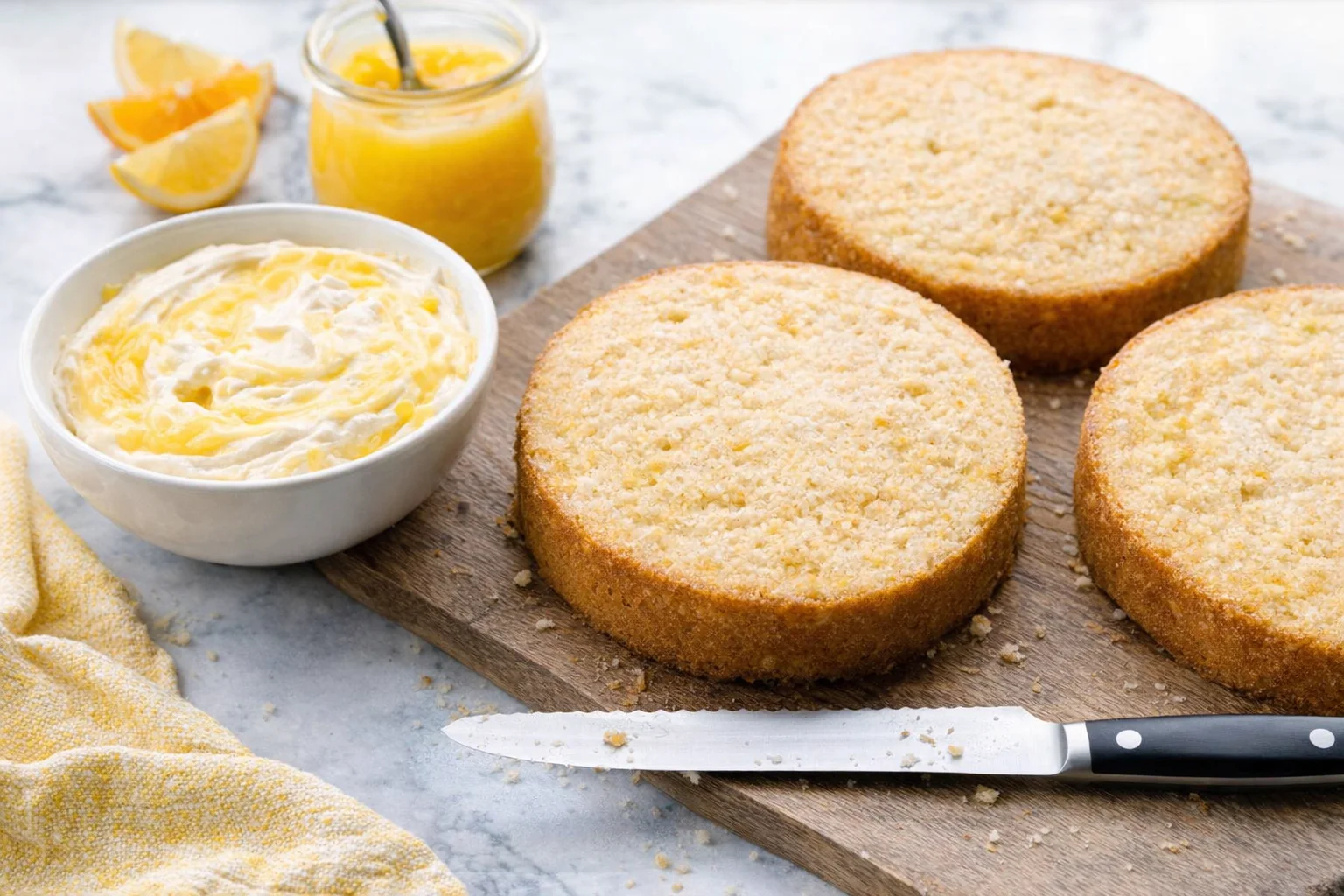Separate bowl of lemon-curd filling beside a baker leveling cake layers with serrated knife.