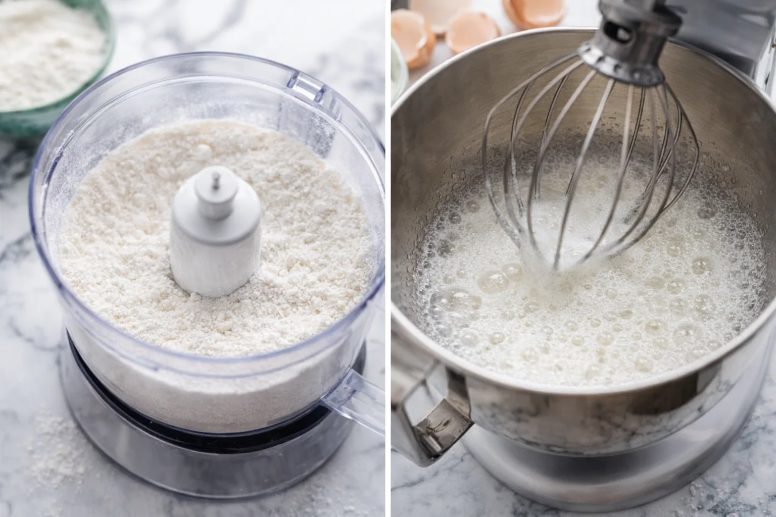 Food processor holding light, airy flour-sugar mixture; mixer whisk producing foamy egg whites.
