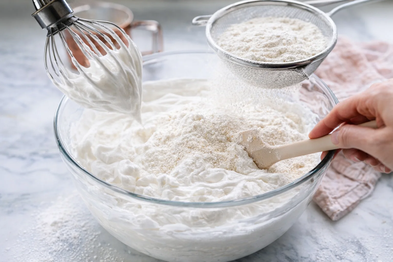 Whisked egg whites with sugar at soft peaks while flour is sifted for gentle folding.