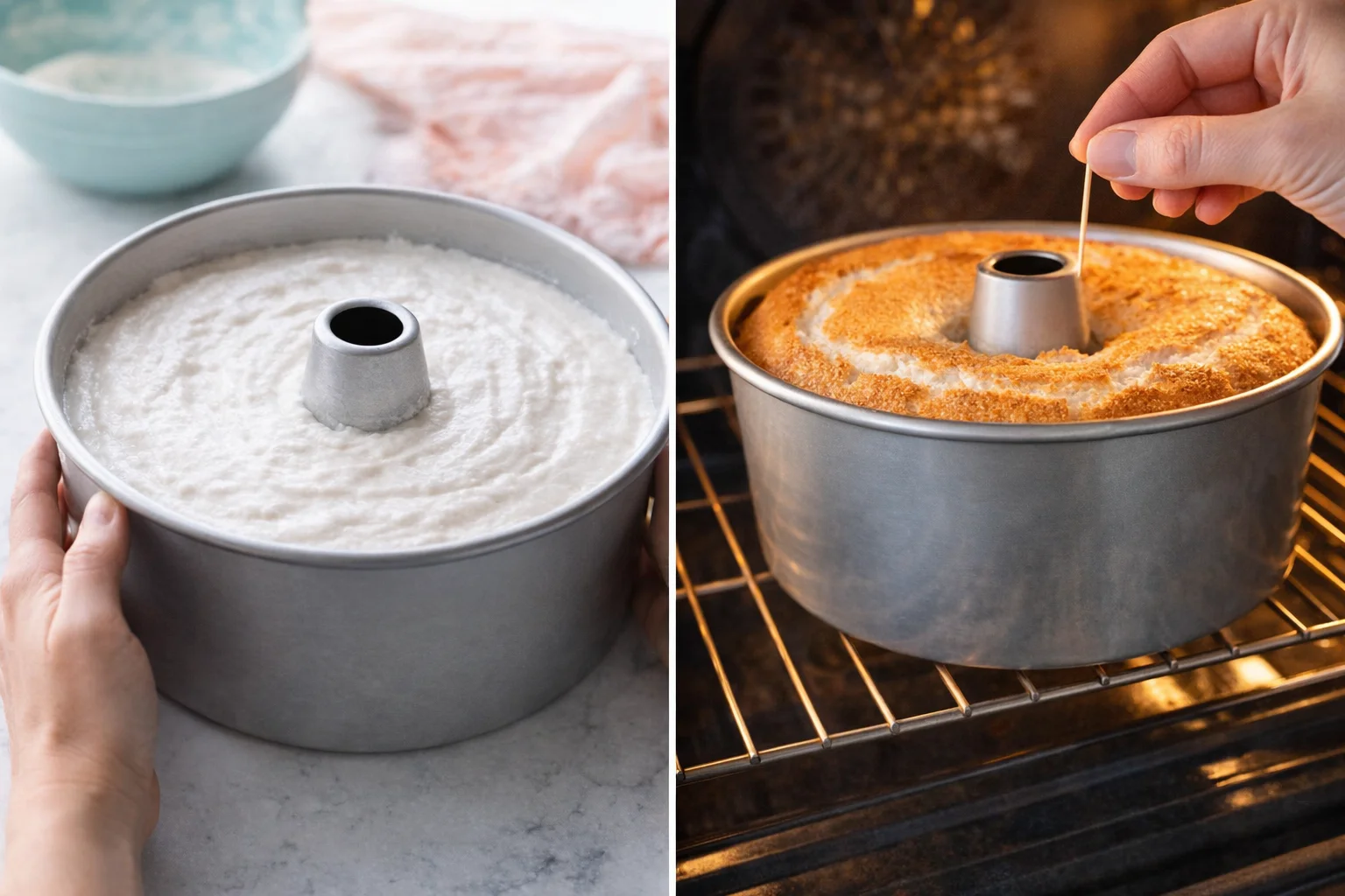 Velvety batter being poured into an ungreased tube pan, shaken to level before baking.