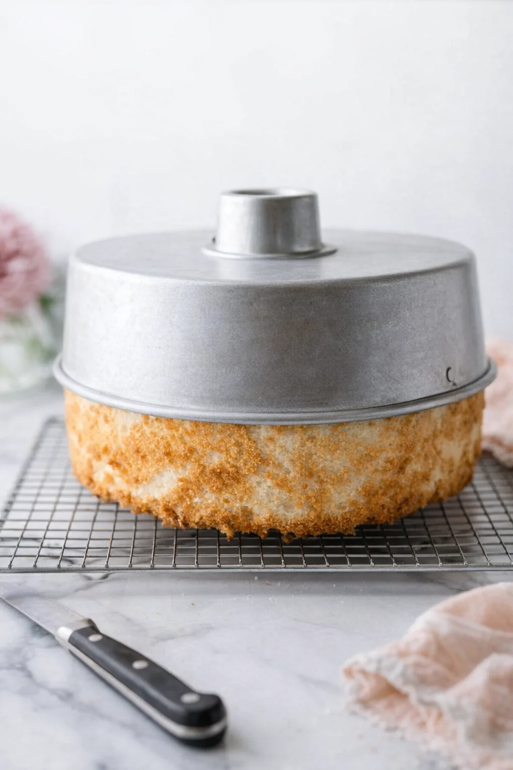 Tube pan inverted on a wire rack cooling upside down while a knife frees cake edges.