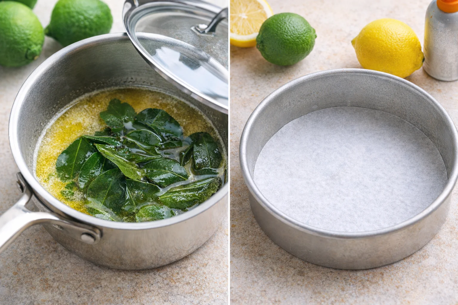 step-process-placeholder-1-2.png Small saucepan with melting butter and makrut lime leaves beside a parchment-lined 9-inch cake pan.