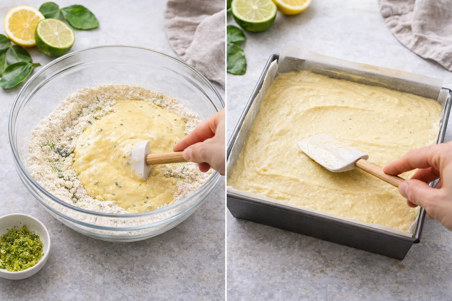 step-process-placeholder-7-8.png Wet batter folded into dry ingredients, then spread evenly in pan and smoothed with spatula.