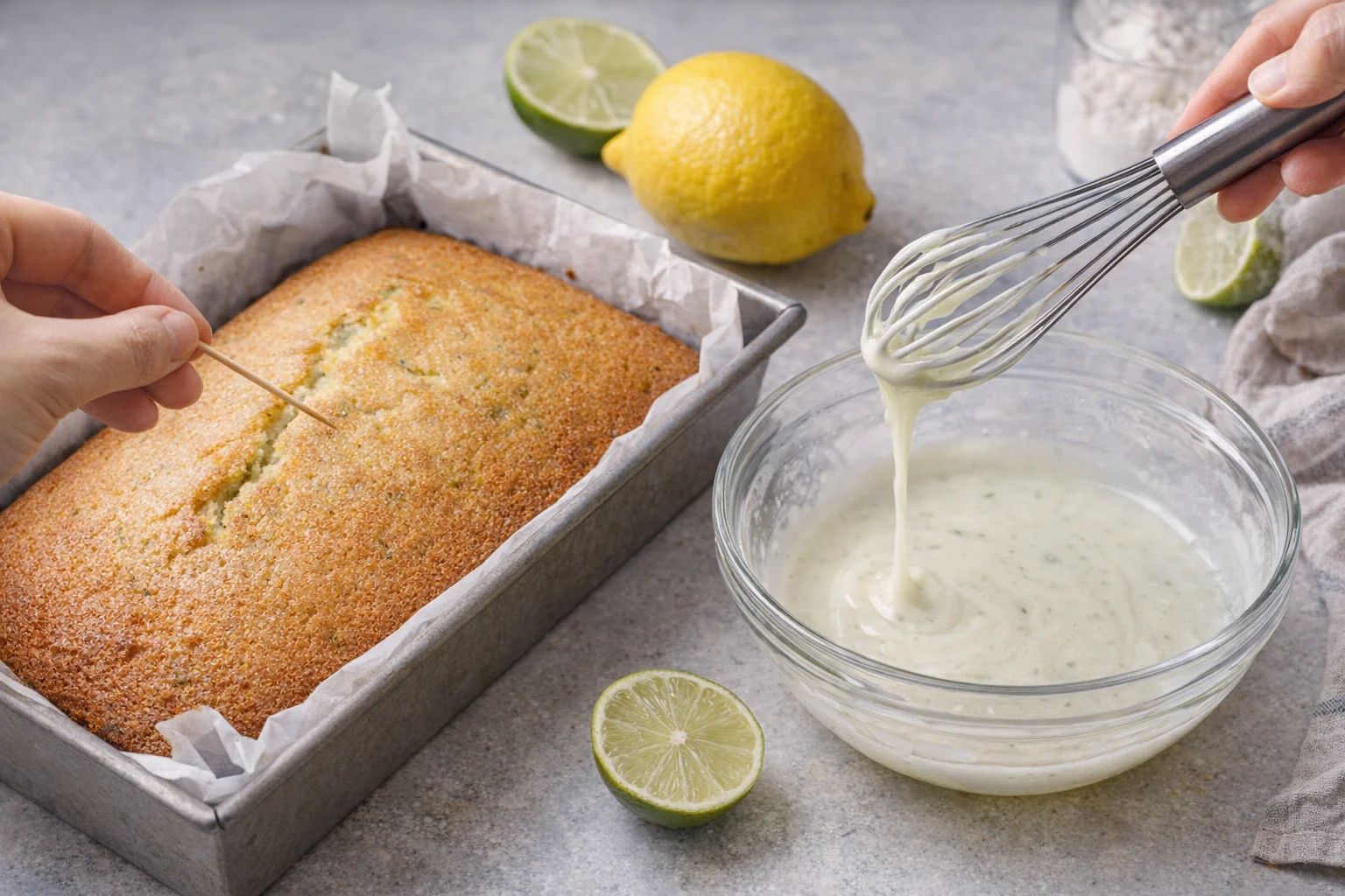 step-process-placeholder-9-10.png Golden cake baking in pan while separate bowl of confectioners' sugar and lime juice is whisked.