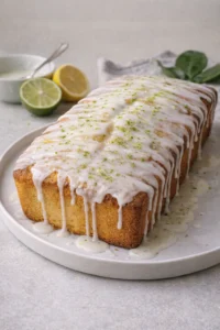 Cake cooled on plate as lime glaze is drizzled over top, beginning to set.