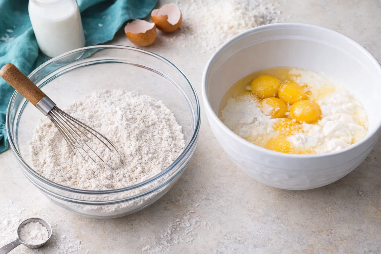 step-process-placeholder-3-4.png Two bowls on counter, one for dry ingredients; whisked flour, baking powder, baking soda, and salt.