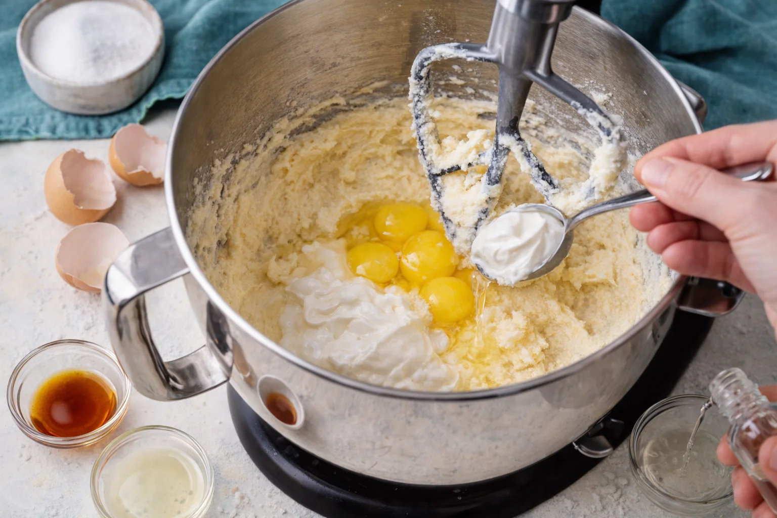 step-process-placeholder-5-6.png Stand mixer bowl with pale, whipped butter and sugar; spoon adding egg whites and extracts.