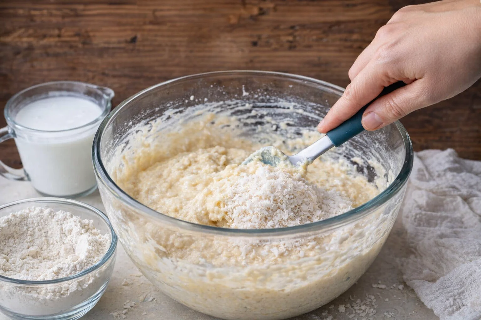 step-process-placeholder-7-8.png Mixer adding dry ingredients to batter while coconut milk is poured, then shredded coconut folded in by hand.
