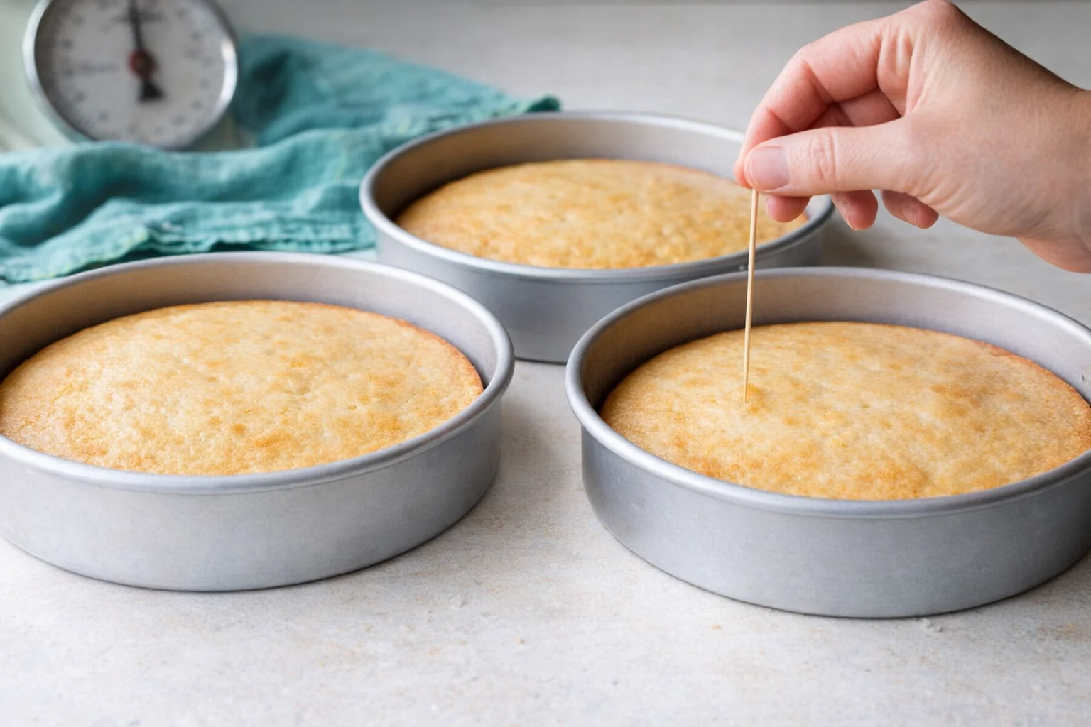 step-process-placeholder-9-10.png Evenly filled three cake pans with batter, positioned on rack ready for baking in preheated oven.