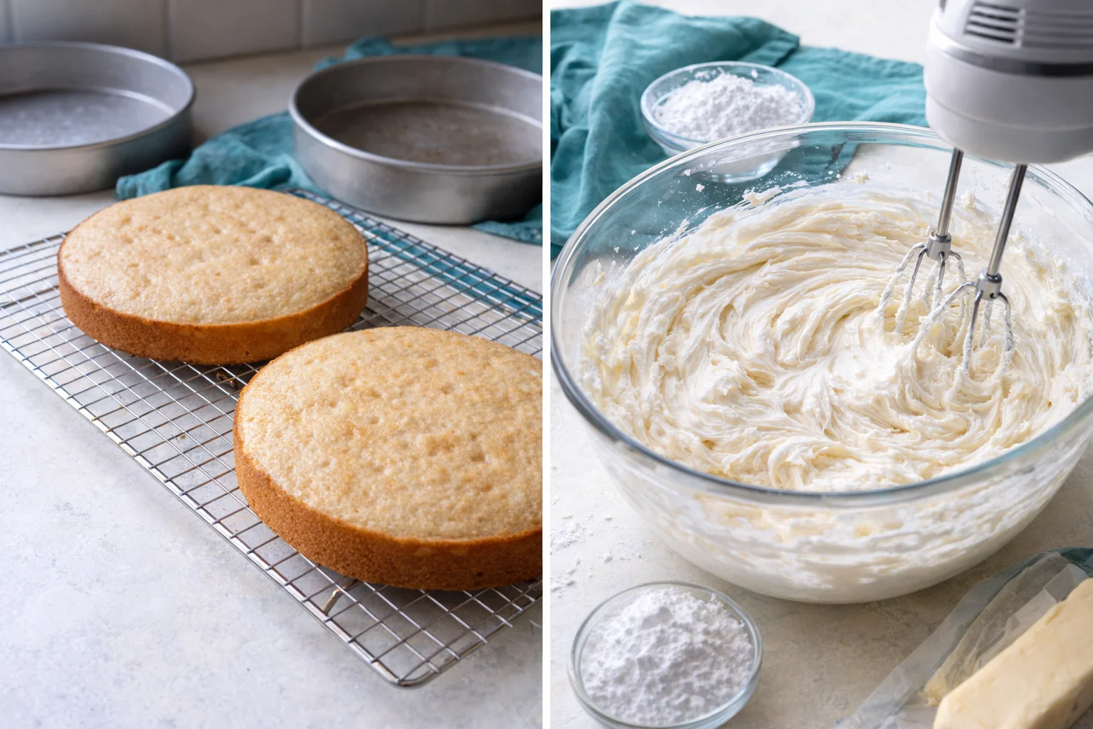 step-process-placeholder-11-12.png Three cake rounds cooling on a wire rack after removal from pans; separate bowl creaming butter and cream cheese.