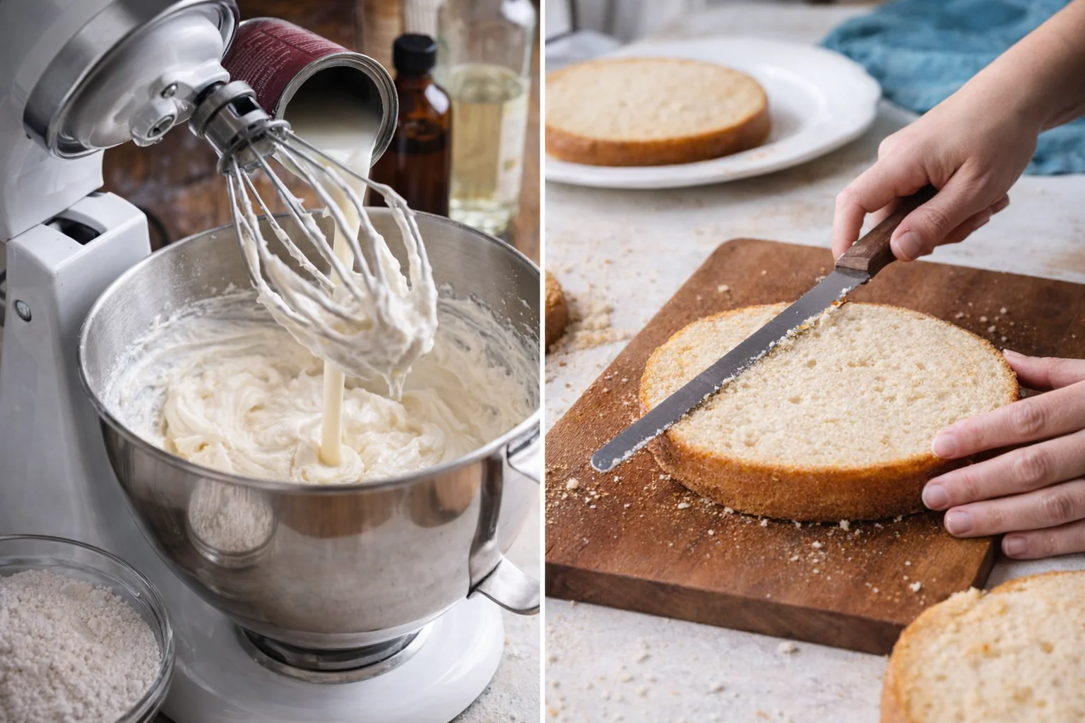 step-process-placeholder-13-14.png Mixer whipping pale coconut frosting while a serrated knife trims a cake layer's domed top on board.