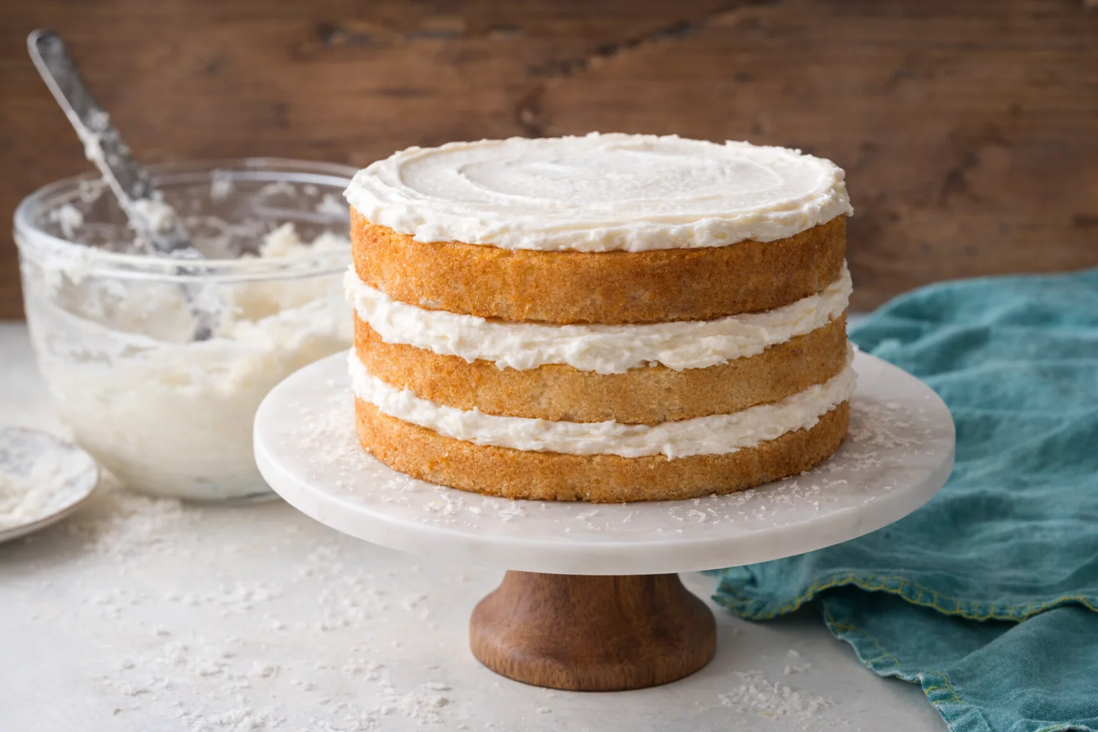 step-process-placeholder-15-16.png First cake layer on stand being spread with a heaping cup of frosting, then stacked with next layers.