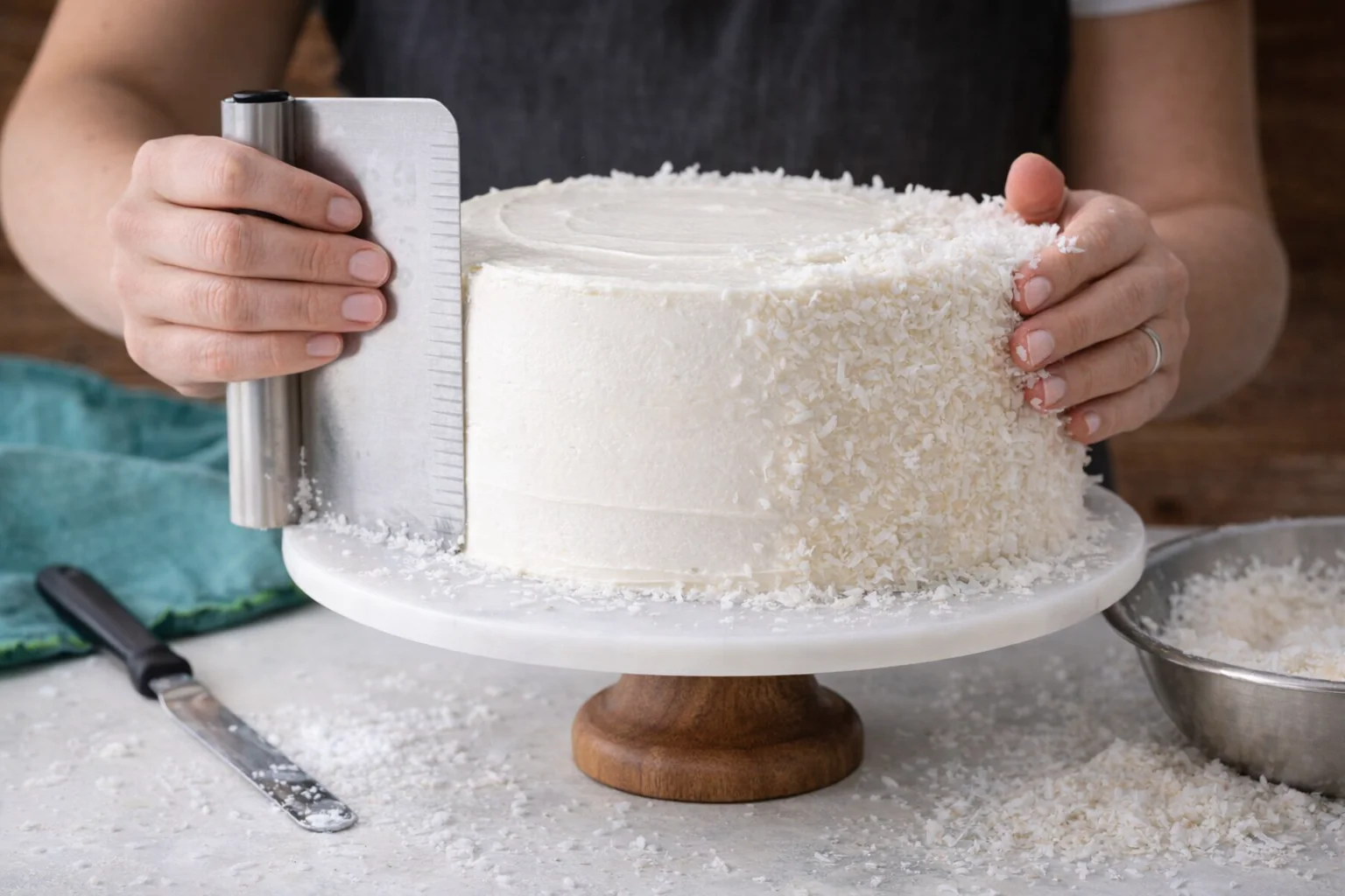 step-process-placeholder-17-18.png Offset spatula smoothing frosting across top and sides while shredded coconut is pressed and sprinkled over cake.