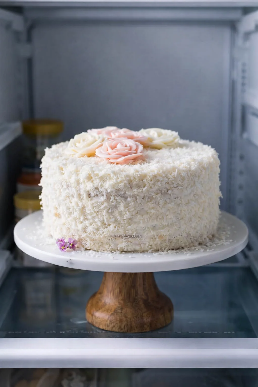 step-process-placeholder-19-19.png Assembled frosted coconut cake resting on refrigerator shelf to chill and firm the frosting before slicing.