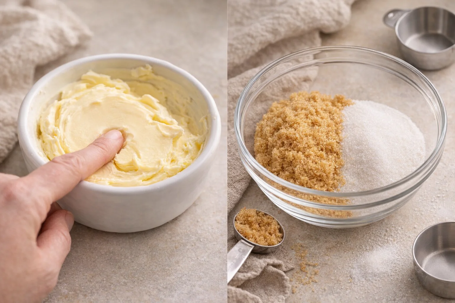 Softened butter showing a gentle finger indent beside measured white and brown sugars