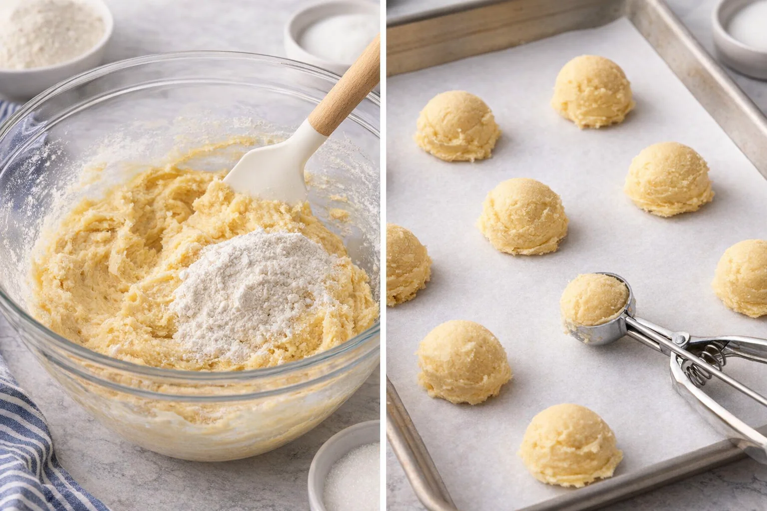 Mixer bowl with dough just combined and rounded 1½-tablespoon scoops on a spoon