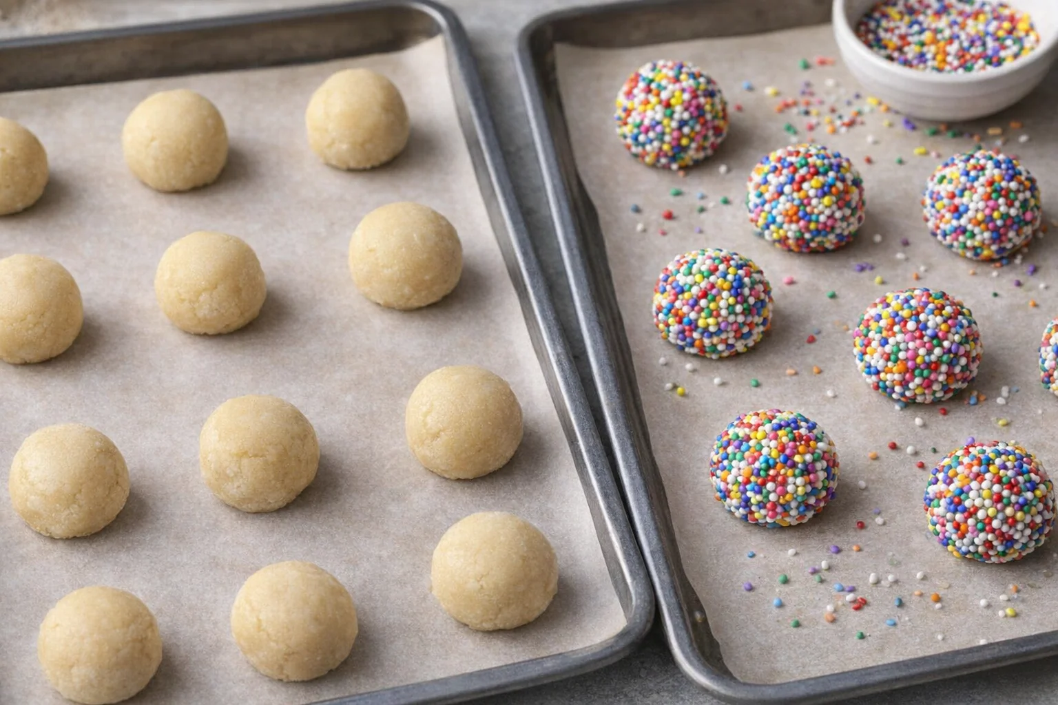 Unflattened dough balls placed on a baking sheet, some rolled in colorful sprinkles