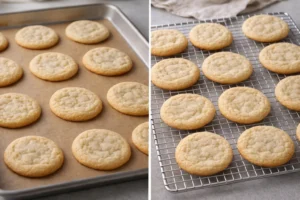 Freshly baked cookies on sheet with slightly golden edges and soft-looking centers cooling