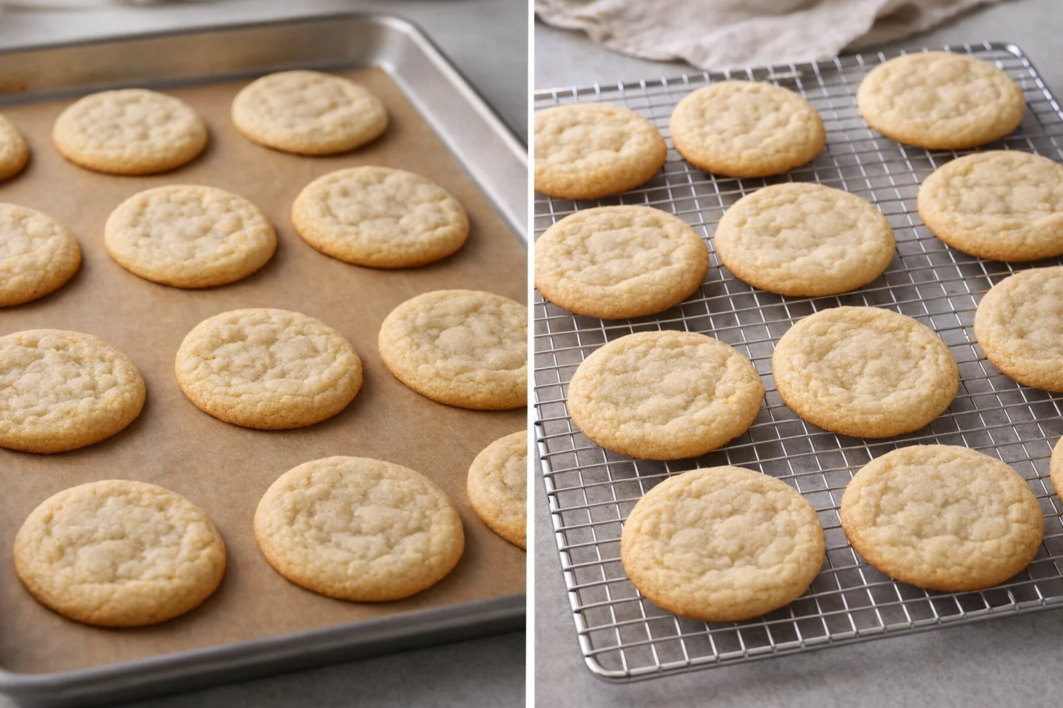 Freshly baked cookies on sheet with slightly golden edges and soft-looking centers cooling