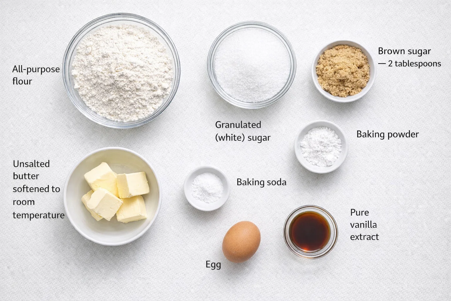 Measured ingredients arranged for The BEST Soft and Chewy Sugar Cookie Recipe: All-purpose flour, Granulated (white) sugar, Brown sugar — 2 tablespoons (to add moisture and chewiness), Unsalted butter, softened to room t