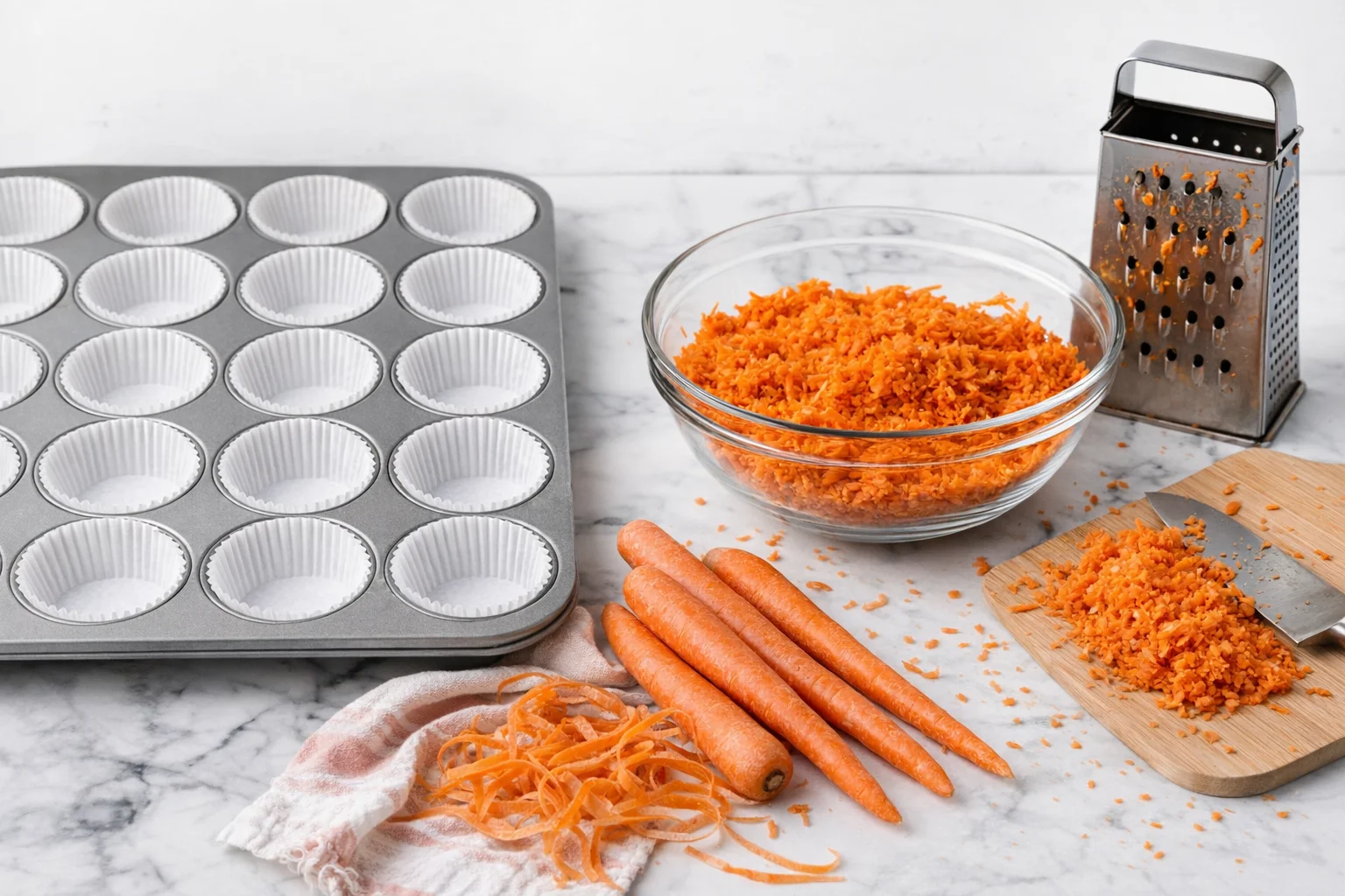 Muffin tin lined with paper liners sits next to a bowl of shredded, chopped carrots.