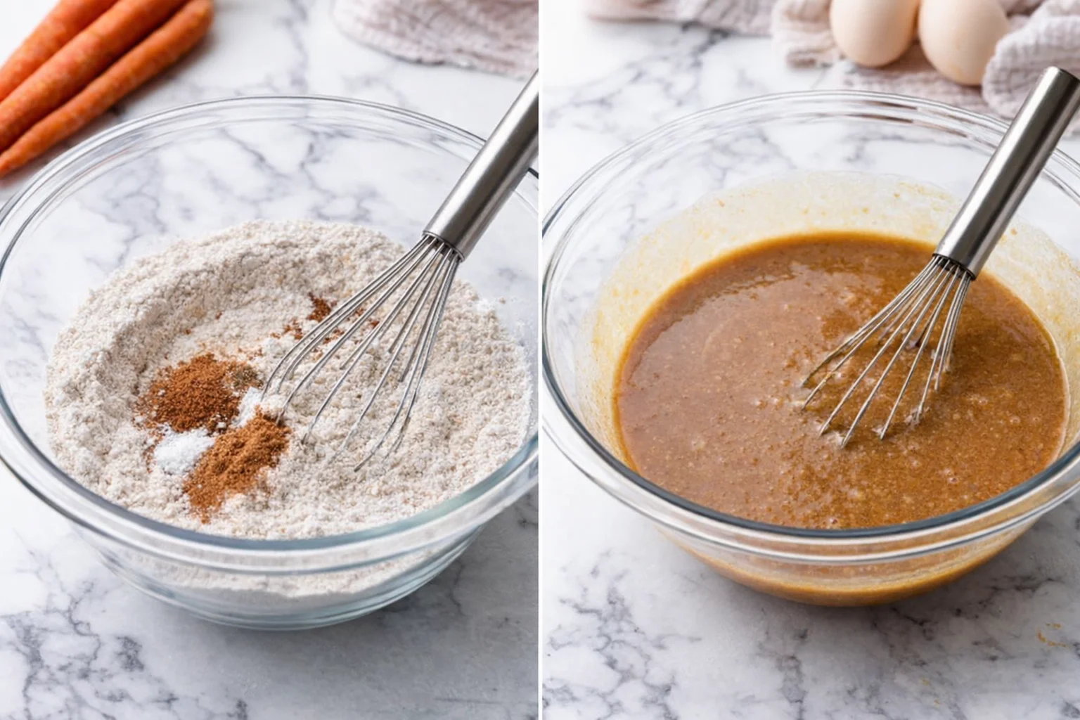 Two bowls on counter: dry spices and flour whisked, and smooth wet batter being mixed.