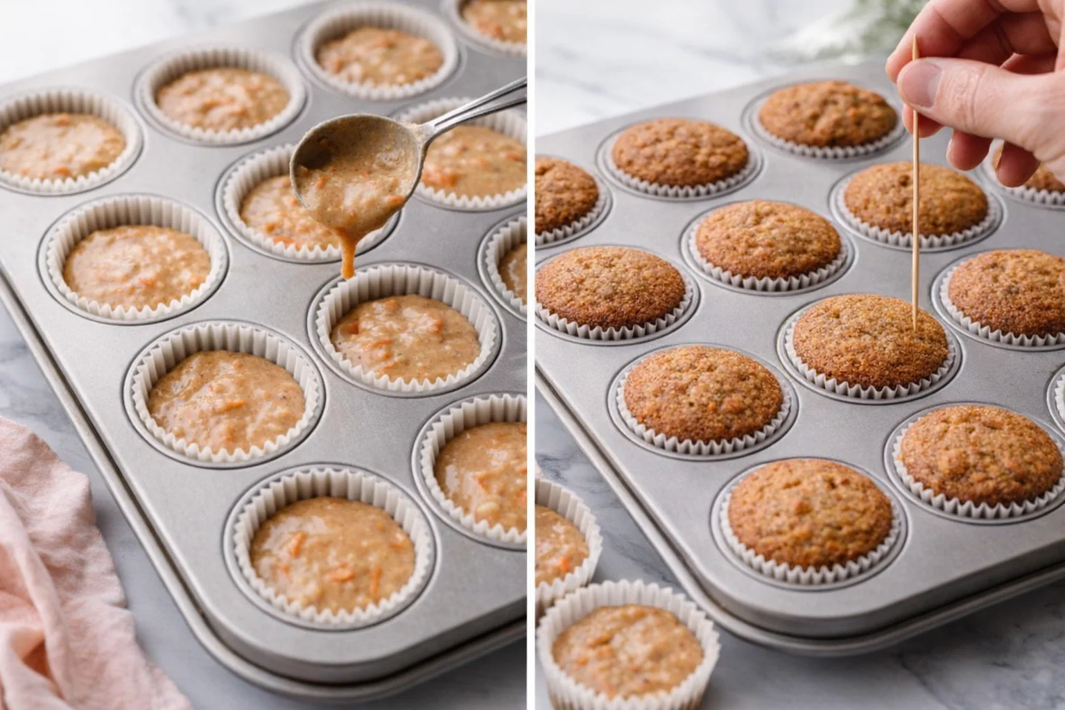Batter scooped into lined cups using spoon, tray of cupcakes ready to go into oven.