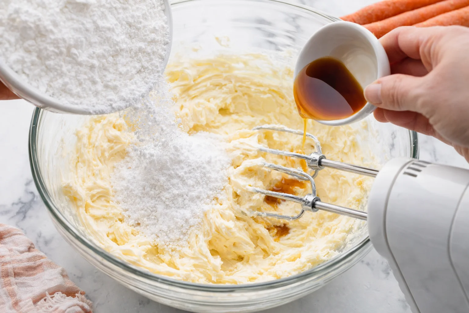 Stand mixer whipping cream cheese and butter until creamy, then frosting becoming smooth and fluffy.