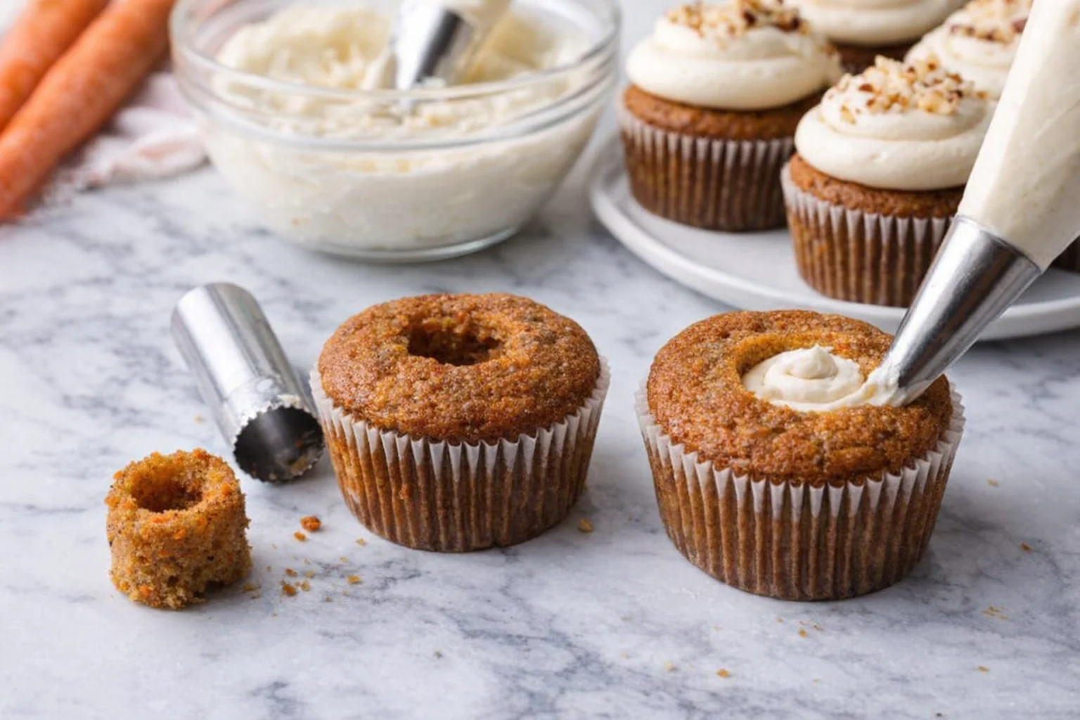 Bowl of chilled frosting beside a corer and cupcake with center removed ready for filling.
