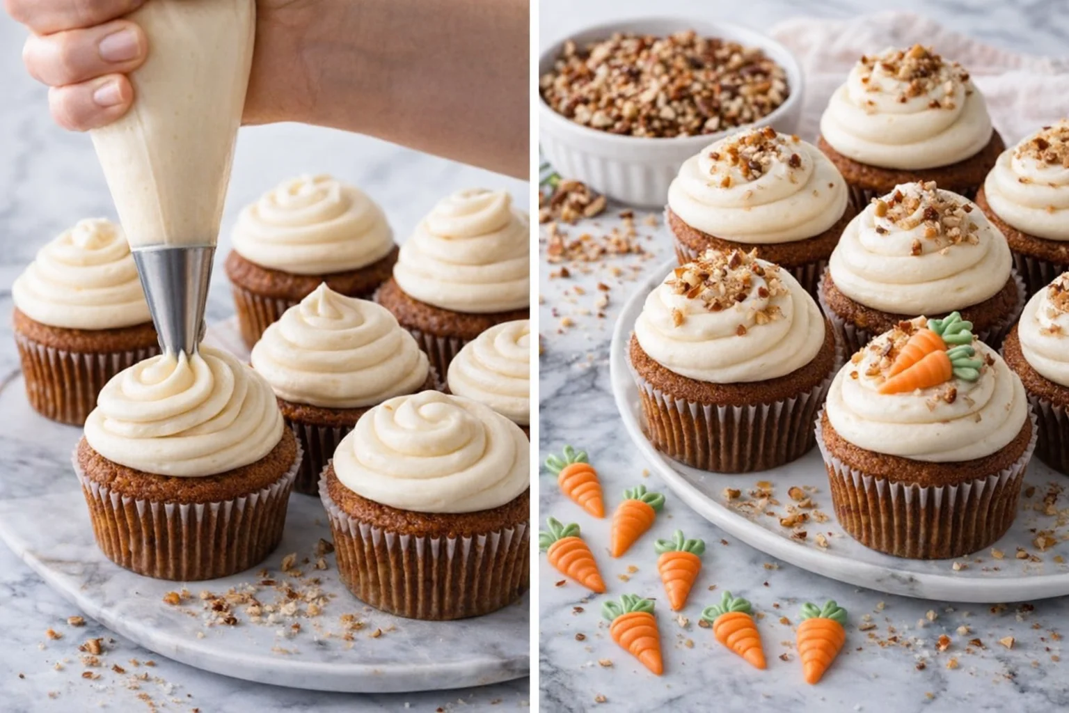 Frosted cupcakes on wire rack, some being piped and others sprinkled with chopped nuts.