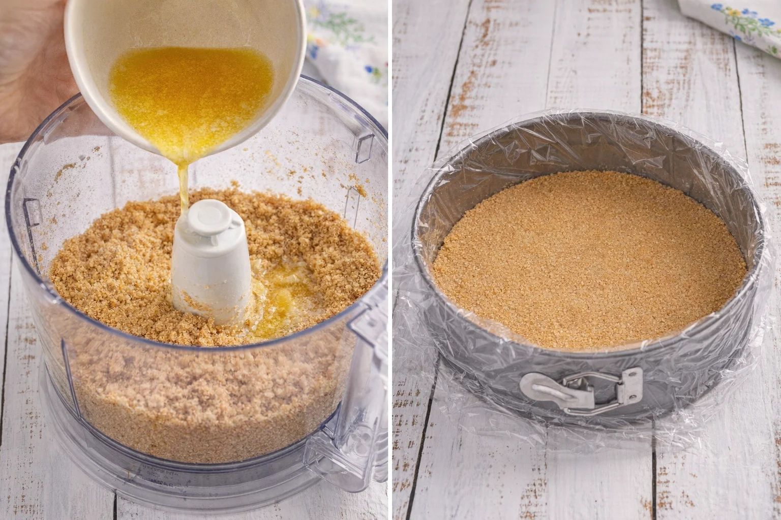 Hands pressing buttery crumb mixture into a 9-inch springform pan to form crust.