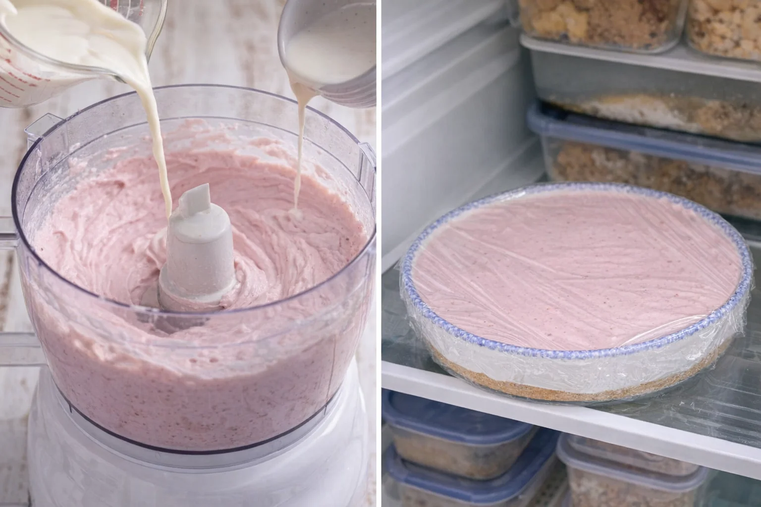 Thick pink filling being poured from the processor into the chilled crust, then smoothed level.