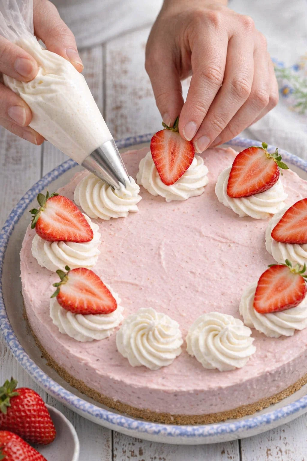Whipped cream rosettes being piped onto set cheesecake, each topped with halved fresh strawberries.