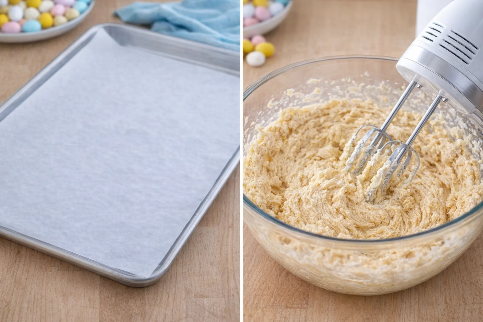 step-process-placeholder-1-2.png Electric mixer creaming butter and sugars in a bowl, parchment-lined baking sheet visible nearby.