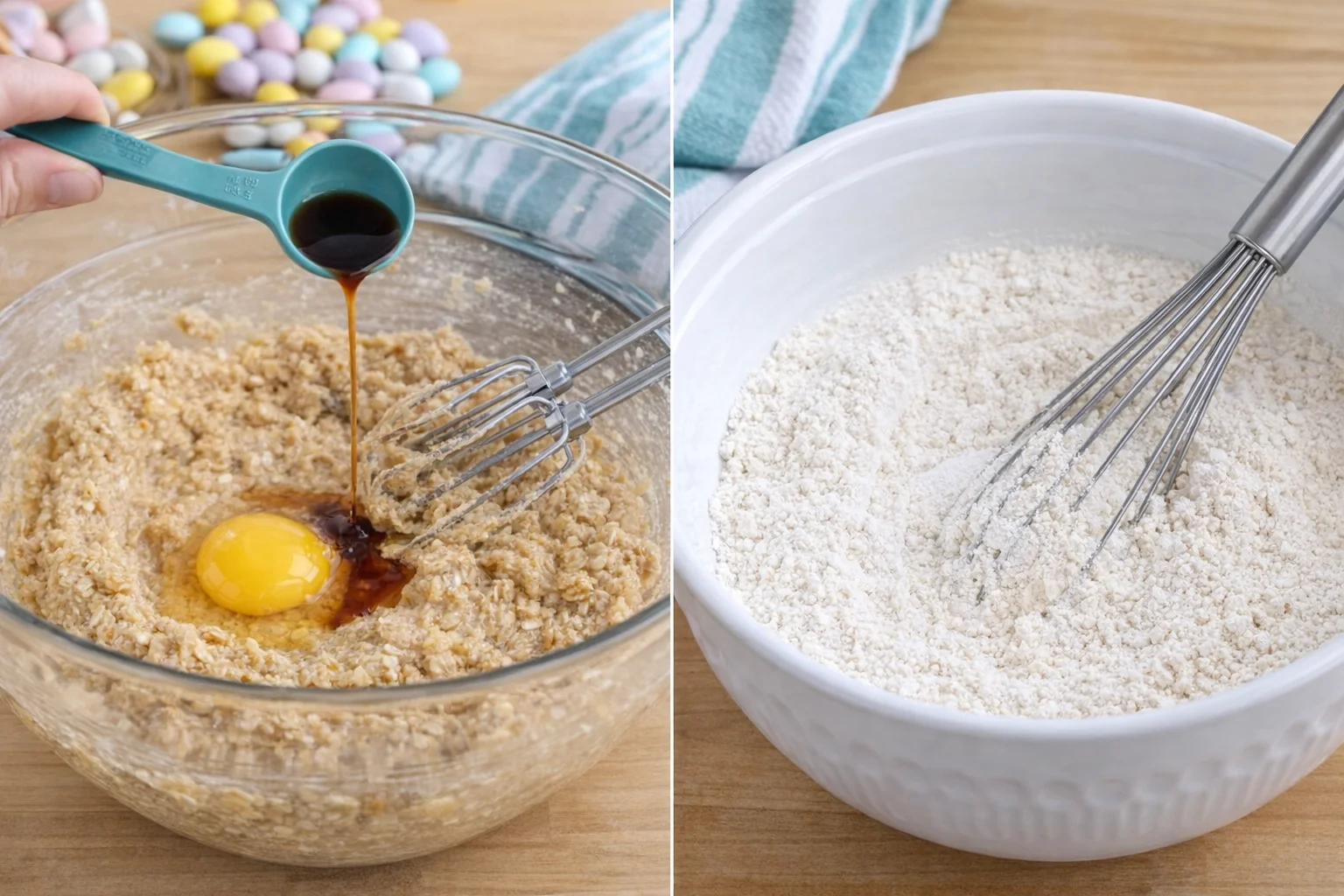 step-process-placeholder-3-4.png Hand pouring egg and vanilla into creamed mixture while bowl of dry flour sits nearby.