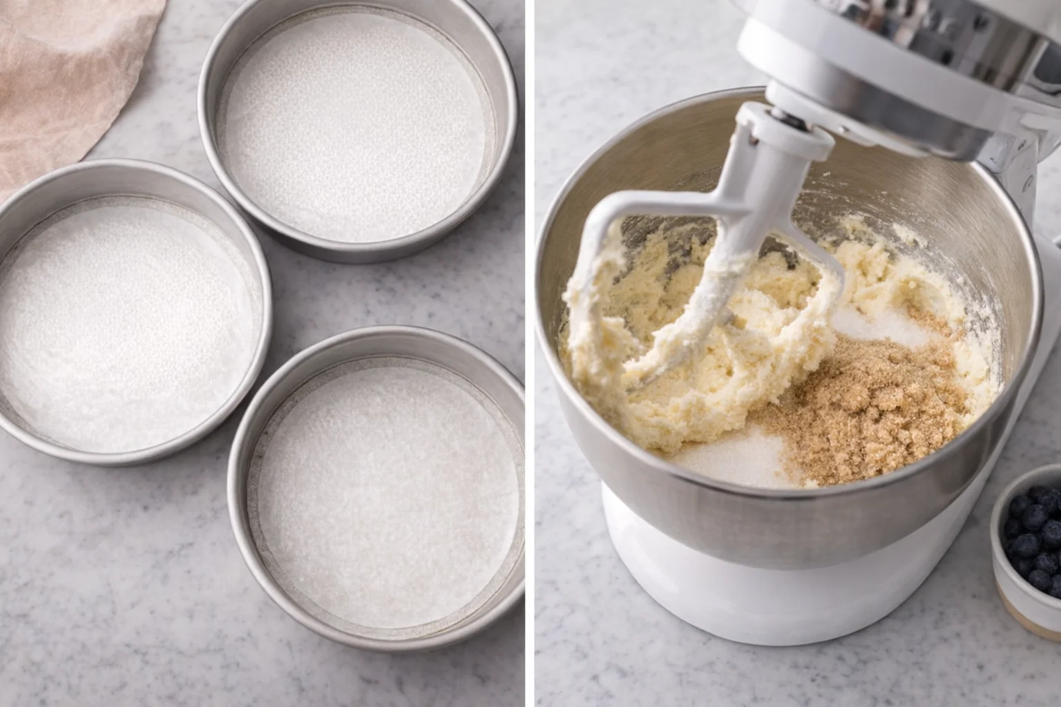 Three 8-inch cake pans lined with parchment beside a mixer creaming butter and sugars.