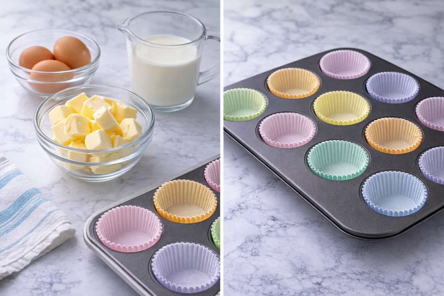 Butter, eggs, and milk at room temperature beside a lined cupcake pan and preheated oven.