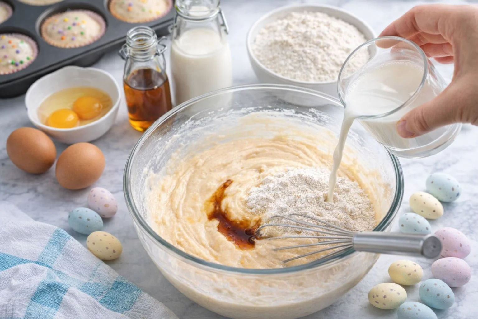 Beaten eggs added one at a time, then alternating spoonfuls of flour and milk are mixed.