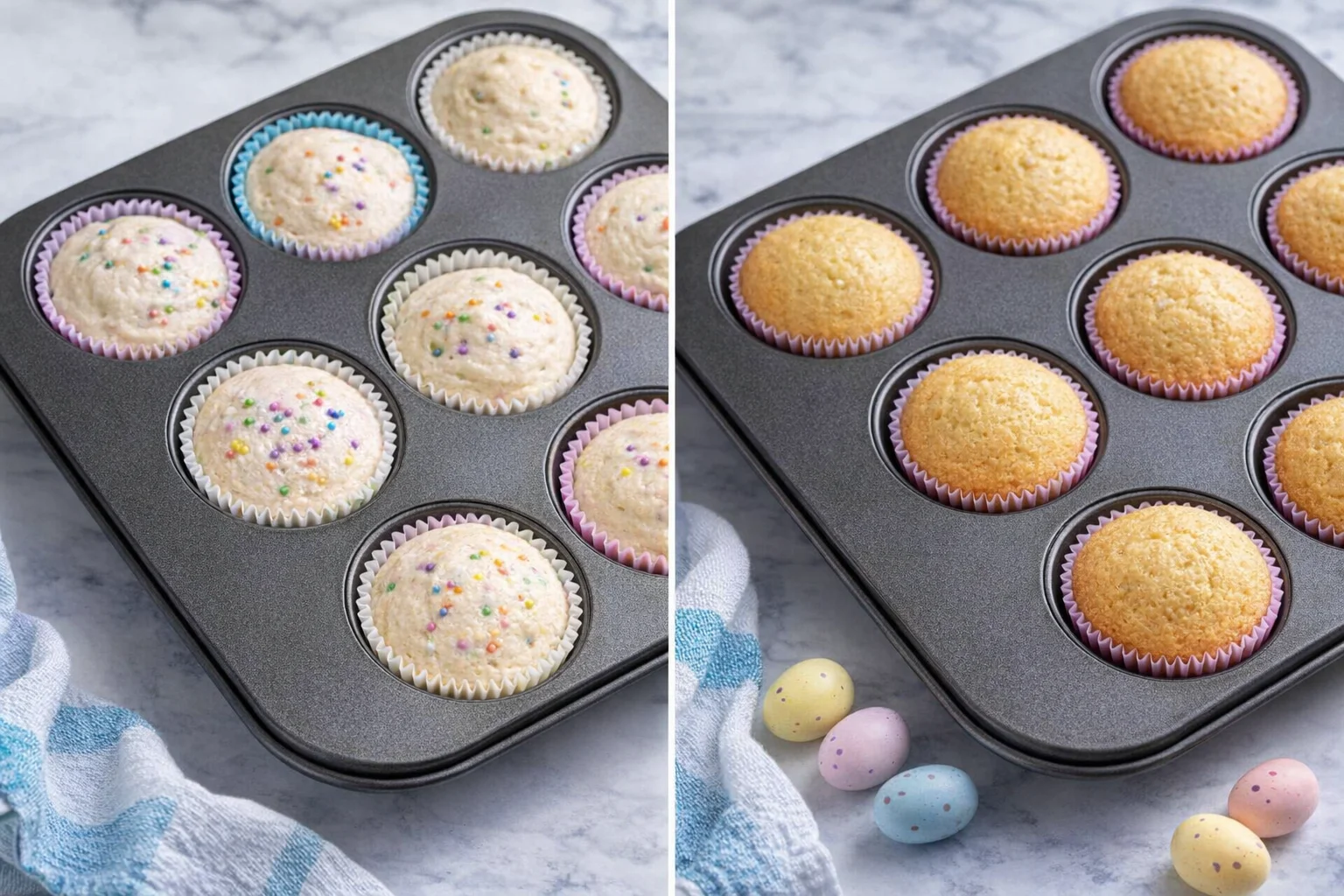Evenly scooping batter into paper liners filled two-thirds, then golden cupcakes cooling.