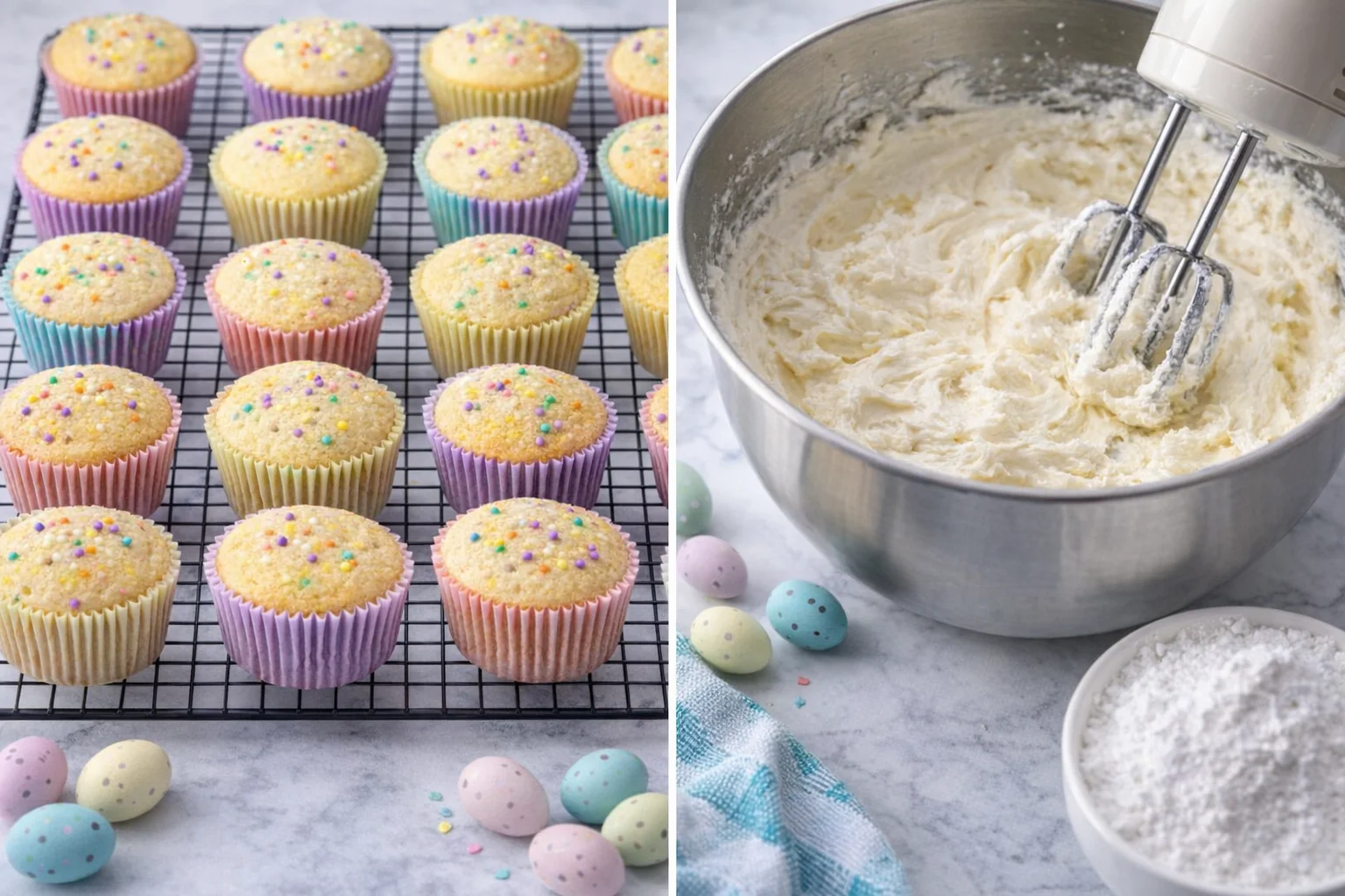 Cupcakes cooling on a wire rack beside a mixer whipping creamy butter and powdered sugar.