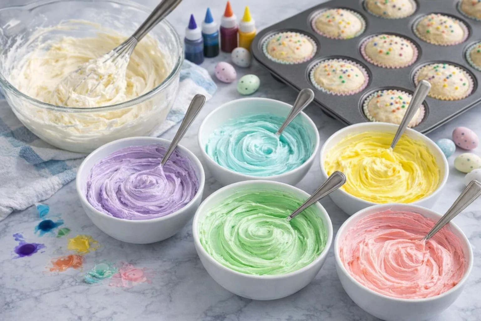 Fluffy vanilla buttercream in a bowl with spoons and several small bowls of vibrant gel colors.