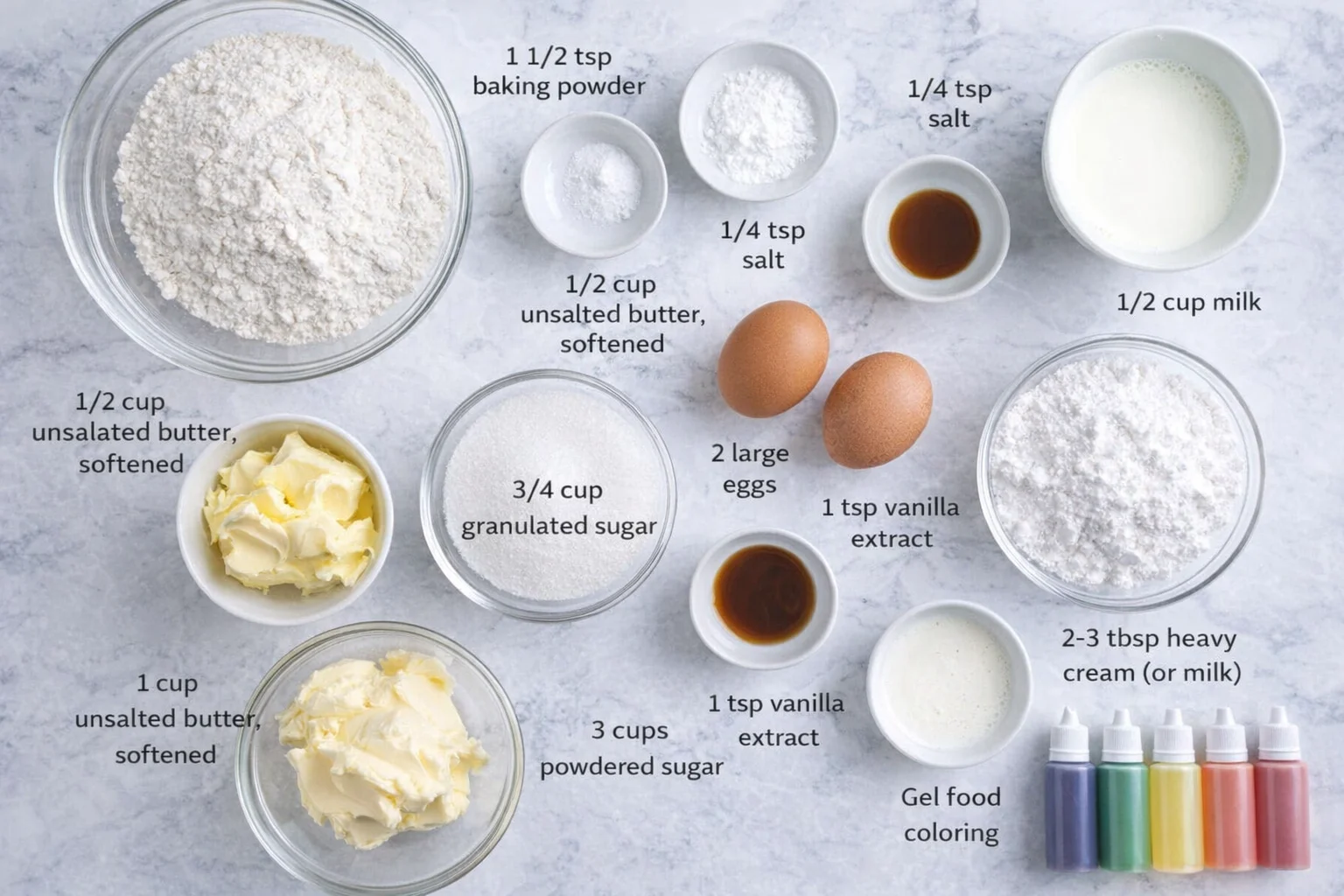 Measured ingredients arranged for Tasty Rainbow Buttercream Easter Cupcakes: 1 1/2 cups all-purpose flour, 1 1/2 tsp baking powder, 1/4 tsp salt, 1/2 cup unsalted butter, softened, 3/4 cup granulated sugar, 2 large eggs